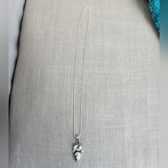 Handmade Sterling Silver 925 White Buffalo 2 Tier Pendant Charm And Snake Chain - Picture 5 of 7